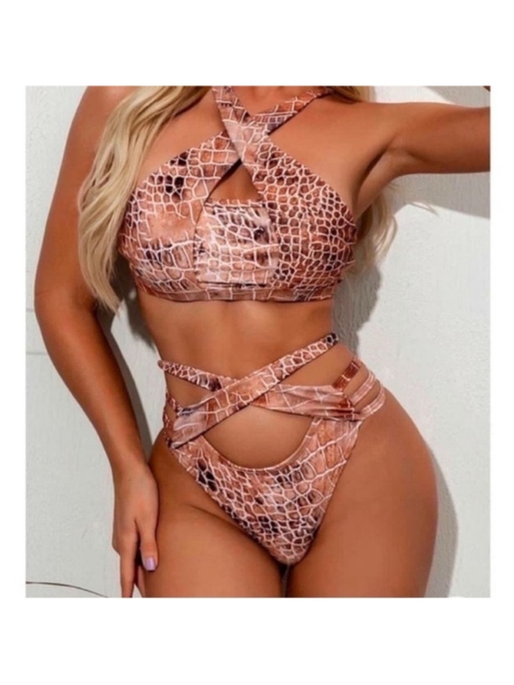 Fashion Nova Crisscross Snake-Print Bikini - Pink Brown